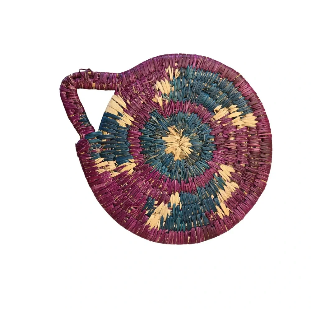 Vintage Handwoven Trivet Coiled Grass Hot Pad Purple Boho Folk Art